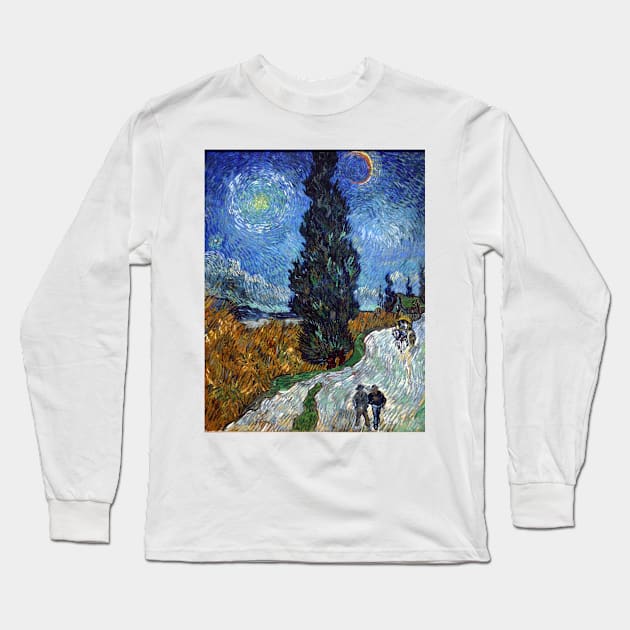 Vincent Van Gogh Cypress Tree with Moon and Star Long Sleeve T-Shirt by RetroSalt